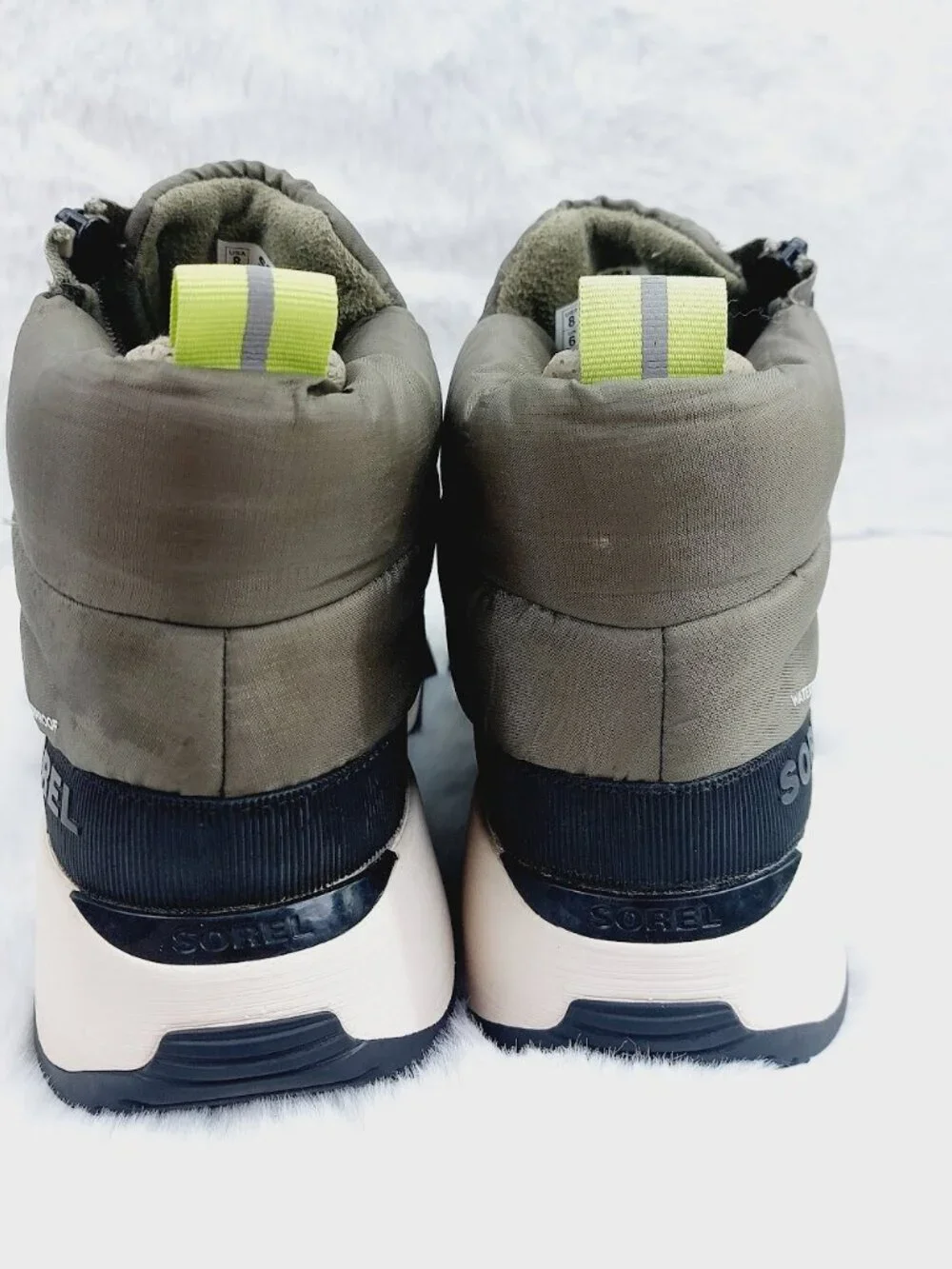 Sorel Women's Stone Green Black Kinetic Impact Puffy Zip Waterproof Boots Size 8
